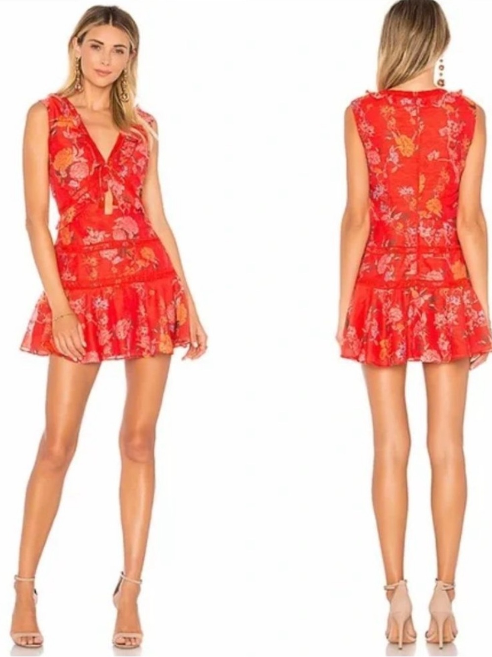 Finders Keepers Flicker Coral Red Floral Print Mini Dress Medium